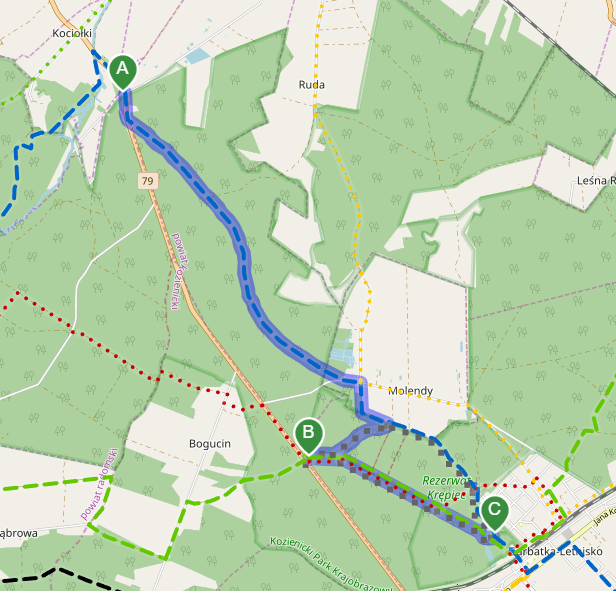 Mapa zawiera trasę rajdu z Kociołek do Garbatki-Letniska